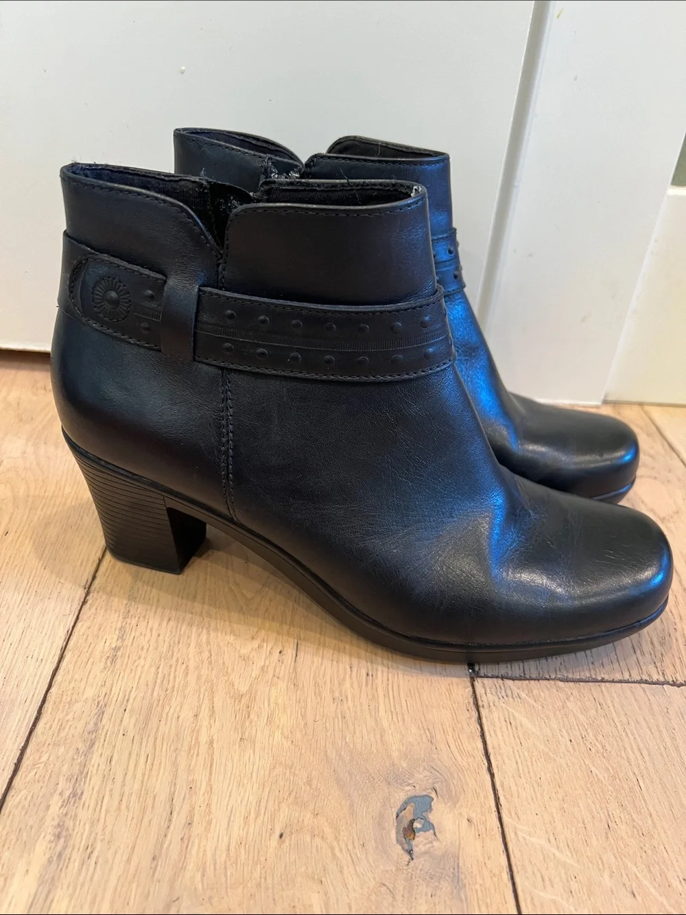 Clarks Black Leather Ankle Booties with Decorative Strap